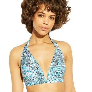 Kona Sol Blue Floral V Wire Halter Bikini Swim Top Summer Beach Size Sma…